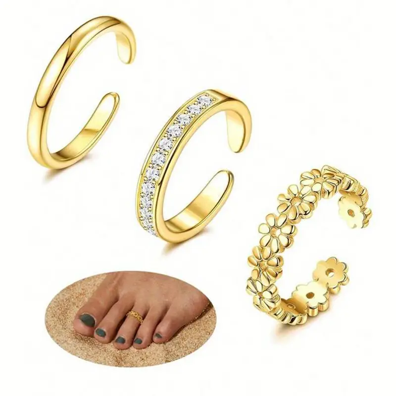 3Pcs Gold Filled Toe Rings for Women Non Tarnish 14K Gold Filled Toe Ring Adjustable Flower Cz Dainty Toe Ring Summer Beach Open Toe Rings Set Toe Jewelry Foot Jewelry