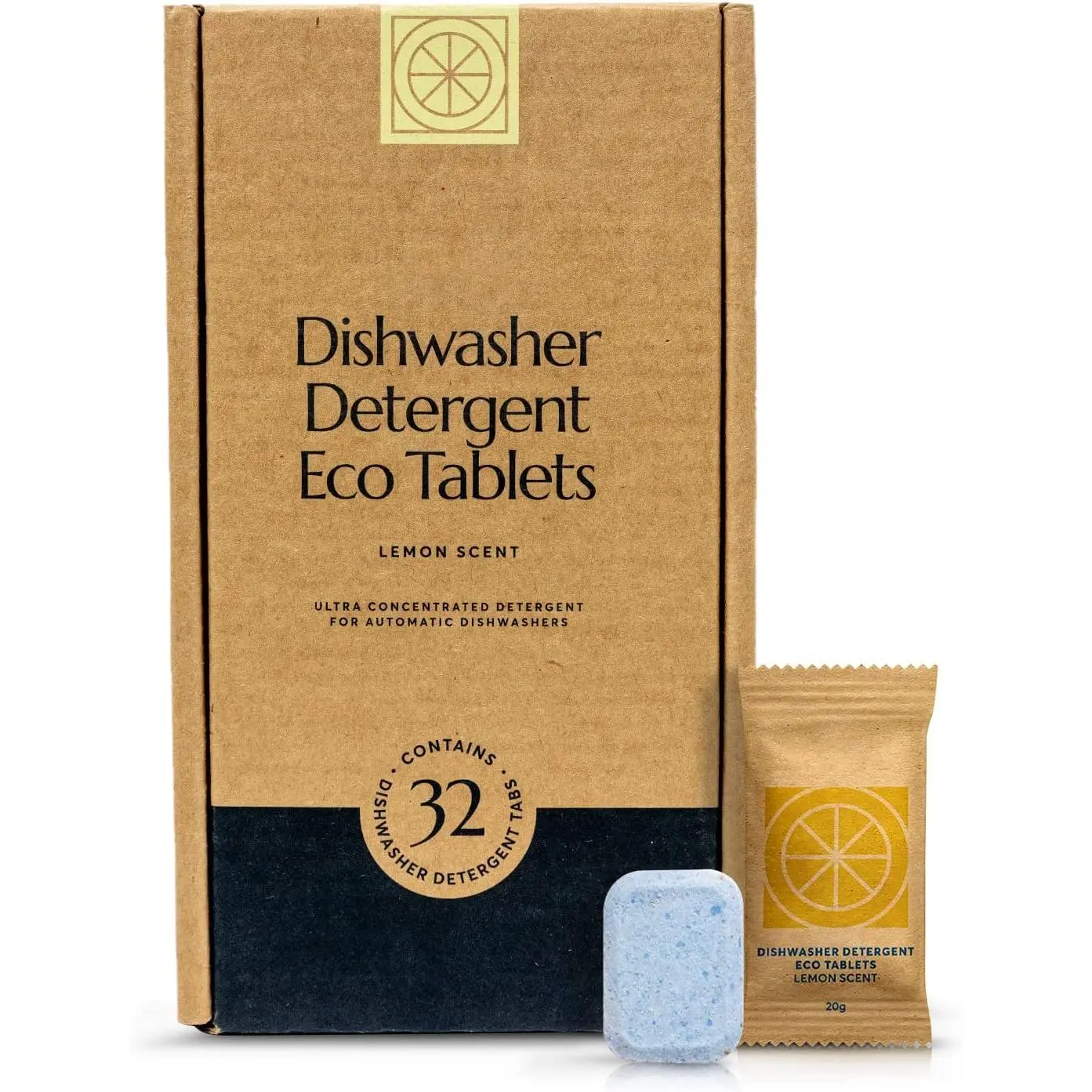 Dishwasher Pods (32 Eco Tabs) Soap Detergent, No Harsh Ingredients, Individually Wrapped - Lemon Fresh