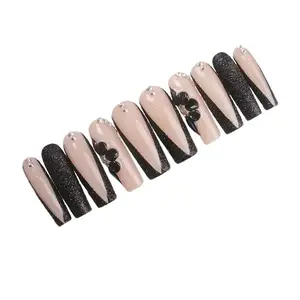 High quality wholesale water decals nail stickers coffin shape long press-on design 3D nail art DIY black and white full cover nail stickers