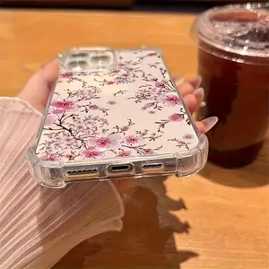 Romantic Pink Cherry Blossom Branch Pattern Transparent Shockproof Phone Case, Suitable for iPhone 17 Air/16 Plus/15 Pro Max/14 Pro/13/12/11/XS Max/X Phone Case, Ideal Gift for Family, Friends, Lovers, Boyfriend, Girlfriend on New Year and Christmas