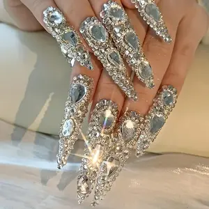 Rhinestone Decor Almond False Nails Set, 10pcs Glittering Fake Nails &1 Count Nail File & 1 Count Tape for Women & Girls DIY Nail Art, Fake Nails Kit, Glitter Decorative Nails