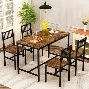 AWQM 5-Piece Dining Set, Industrial Style, Metal Frame, Wood Top. Perfect for 4, Small Spaces & Kitchens. Waterproof Wine Included