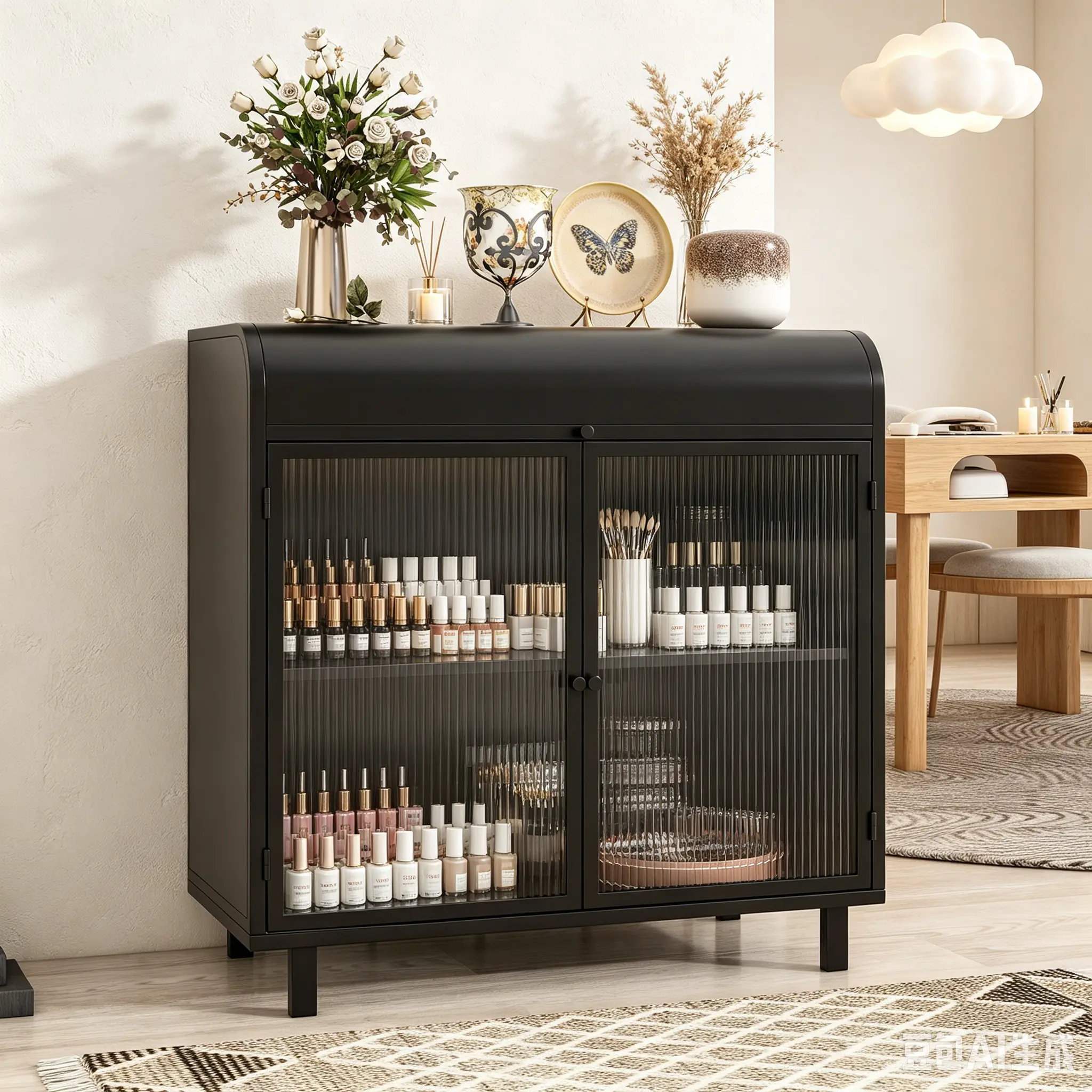Black Modern Sturdy Sideboard Buffet Cabinet - 2 Tempered Figured Glass Doors, Flip Top, Inner Shelves, Metal Frame Storage Console, TV Console for Dining Room, Entryway