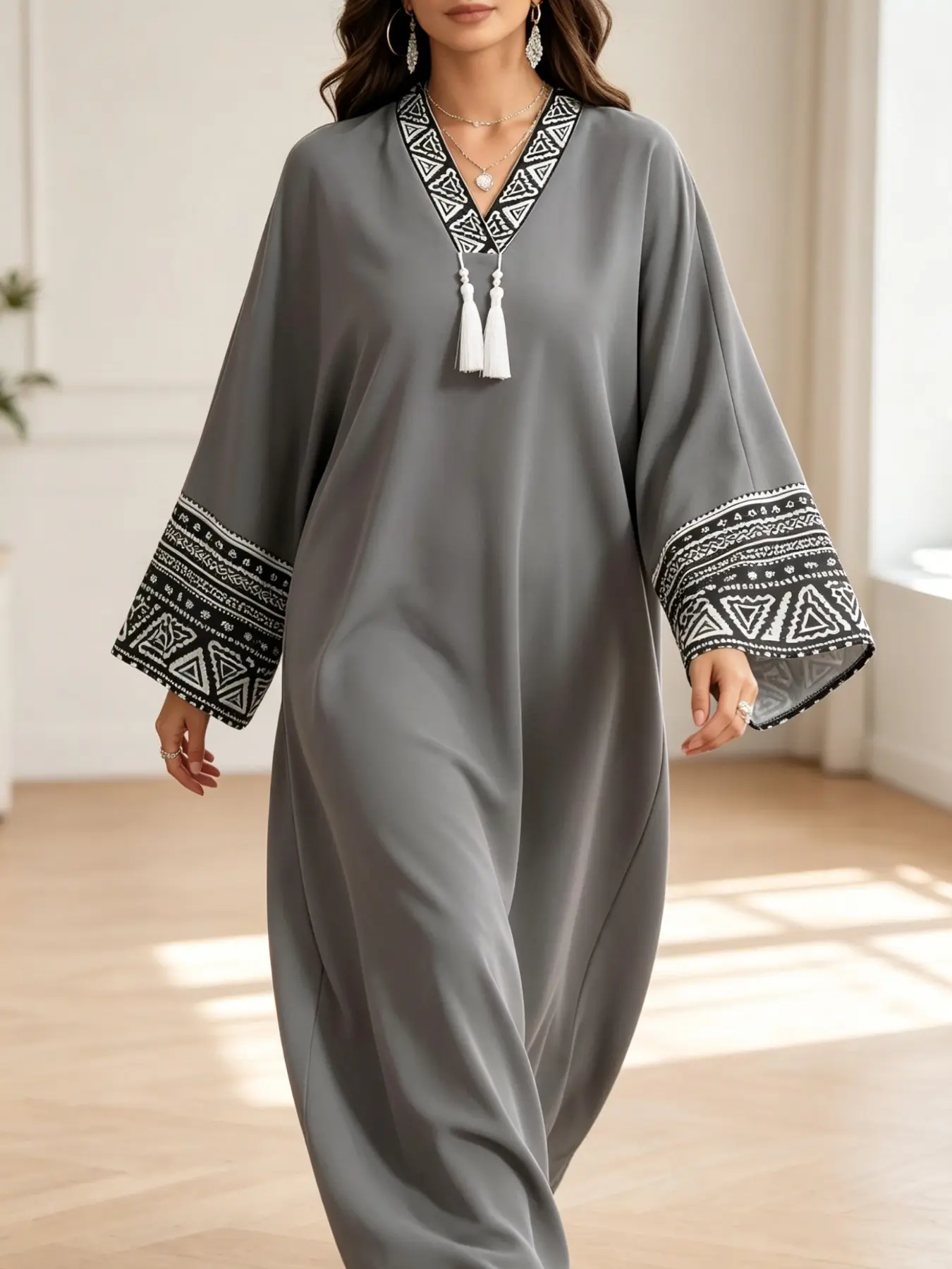 Deep Long Robe Dress, Elegant Floral Pattern, Loose-Fit V-Neck, Ideal for Muslim Women, Modesty Muslim Clothing, Daily Wear, Prayer, Eid Celebrations, Kaftan Dresses, Maxi