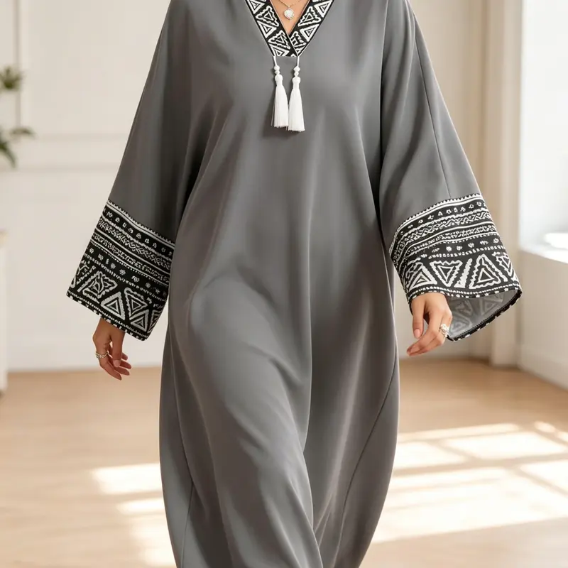 Deep Long Robe Dress, Elegant Floral Pattern, Loose-Fit V-Neck, Ideal for Muslim Women, Islamic Clothing, Modesty Muslim Clothing, Daily Wear, Prayer, Eid Celebrations, Kaftan Dresses, Maxi
