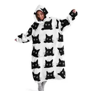 hoodie blanket，Wearable Blanket、Cute Cat Pattern Hooded Blanket, Wearable Flannel Throw, Soft Warm Blanket for Sofa, Home Leisure, Air Conditioning, Camping Travel Gift、Christmas Gift,Valentine's Day gift, Cozy Hooded Blanket