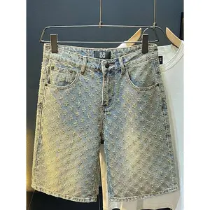 2025 American Style Men's Denim Shorts Summer Loose Straight Leg Distressed Jacquard High-end Five-point Shorts