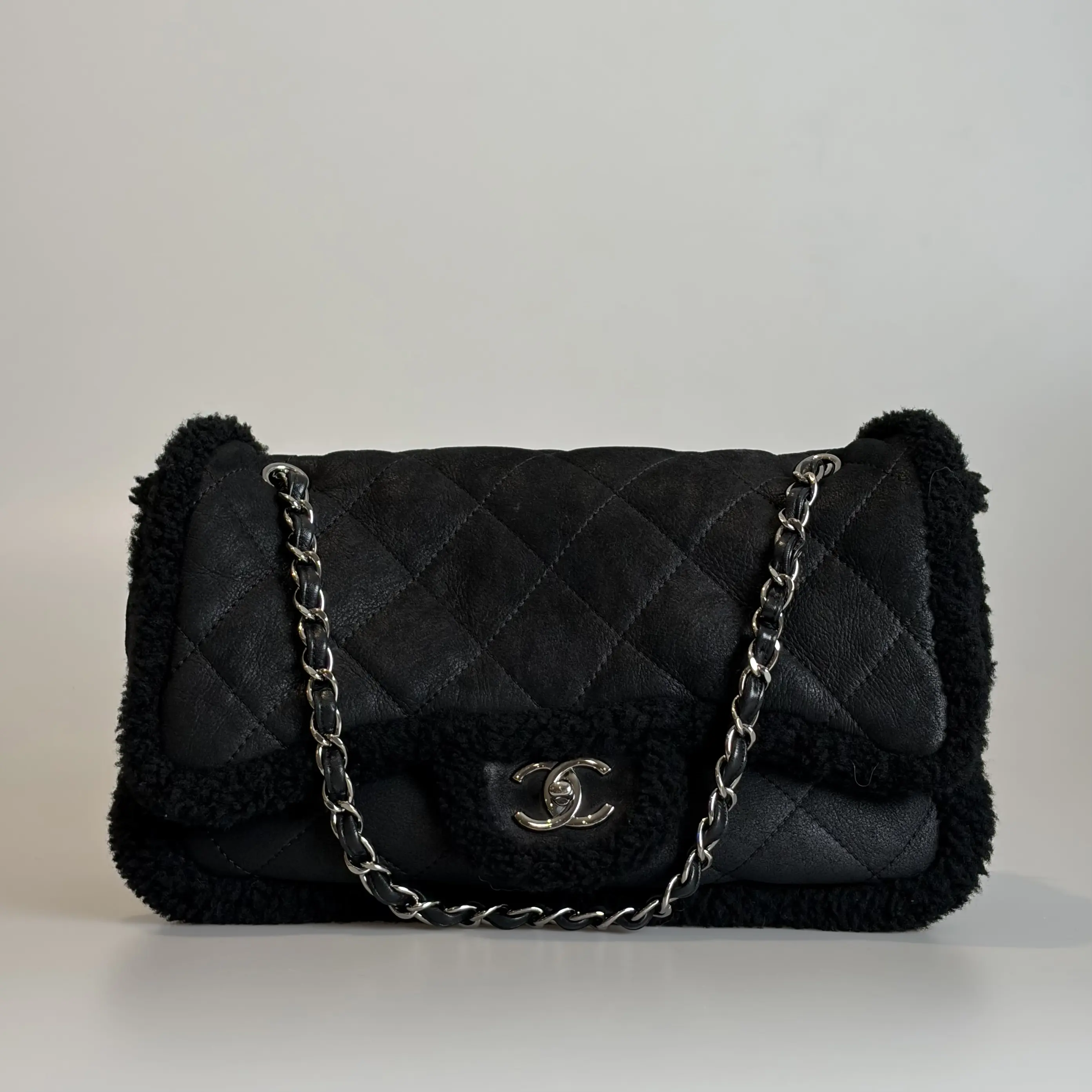 Pre-owned CHANEL Suede & Tweed Crossbody Bag Classic Flap Jumbo Single Flap Black Quilted Silver tone Clasp 51667753 Sold As Is / Final Sale