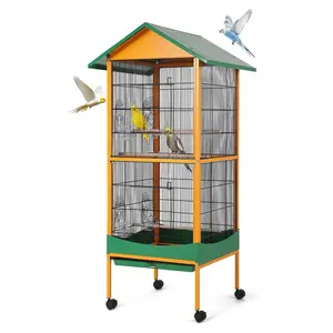 66 Inch Extra Large Bird Cage with Removable Tray, Waterproof Roof & Locking Wheels, for Macaw, Conure, Parakeet, Cockatiel - Indoor Outdoor Metal Aviary for Medium Large Birds