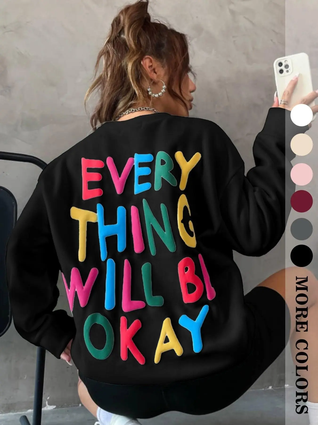 Women's Casual Loose Pullover Sweatshirt, Korean Style, Colorful Letter Pattern, Perfect for Everyday Wear, Comfortable and Stylish, Womenswear, Aesthetic