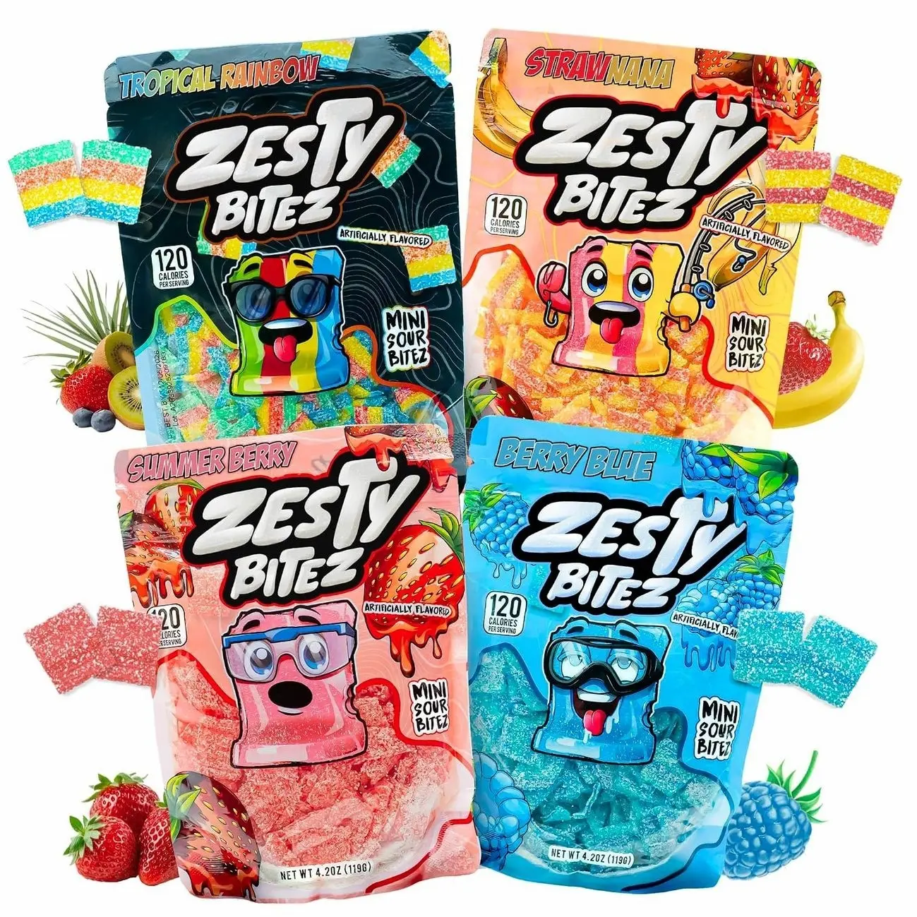 Zesty Bitez Sour Belts Candy, Bite-Sized Chewy Vegan Variety Pack, 4 pk Blue Raspberry, Rainbow, Strawberry flavors, thin tangy gummy treats, plant-based, resealable pouch, party sharing snack Fruit Sweet