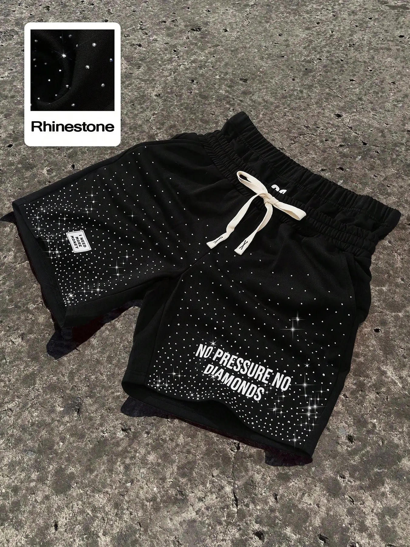 Trendy Rhinestone Water Drill Shorts, Graphic, Eye-Catching 'no Pressure No Diamonds' Slogan, Loose Oversized Fit, Men's Casual Bottoms, Streetwear, Graphic Athletic Shorts, Graphic Track Shorts, Graphic Print Shorts