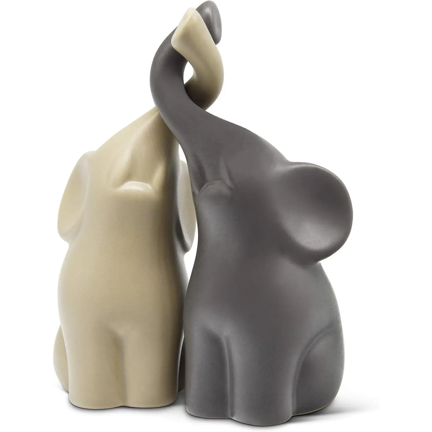 Loving Pair of Beige & Grey Ceramic Elephants - Modern 6.3" High Ceramics Sculpture Set - Home Decor Figurine Ornament