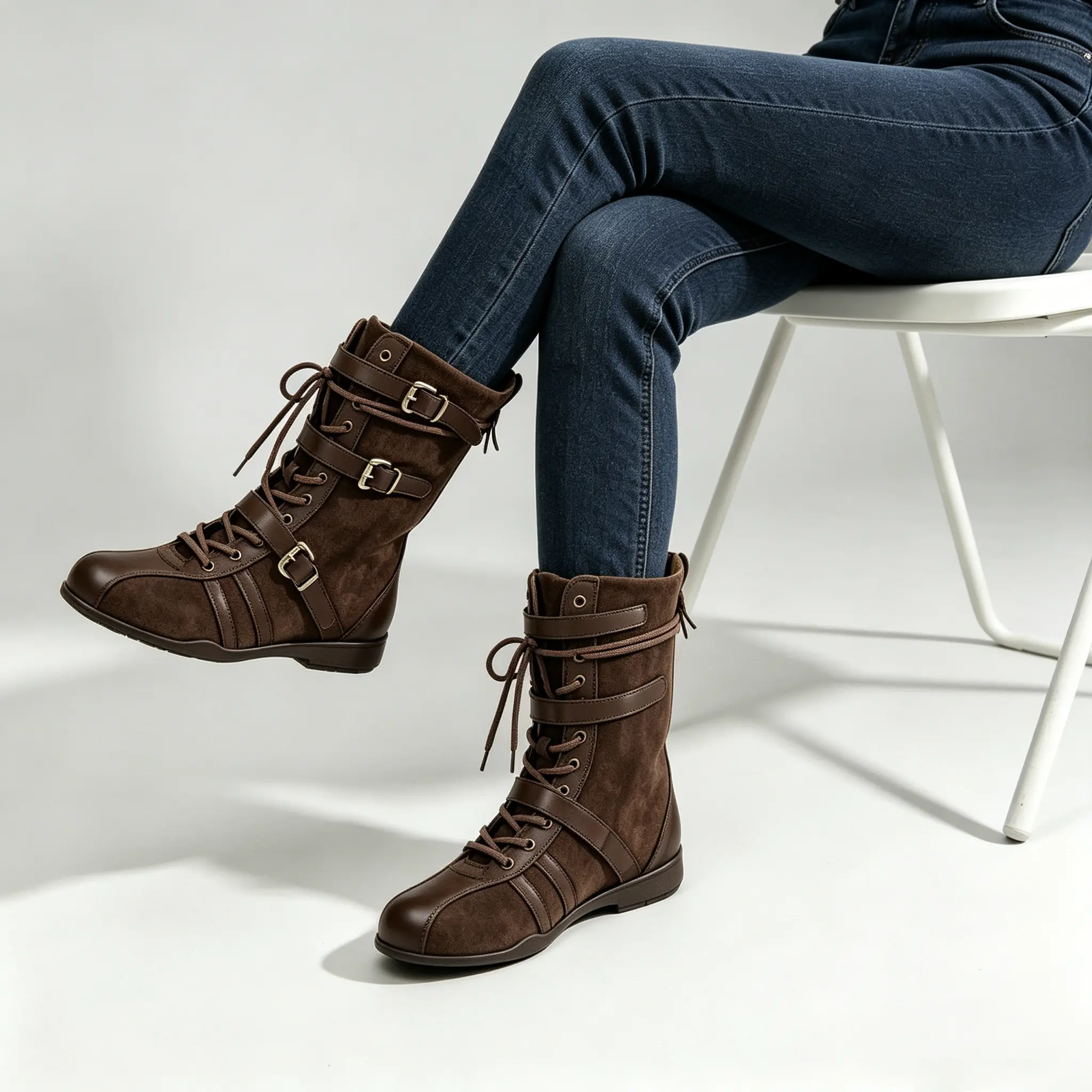 Women's Spliced Suede Faux Leather Mid-Calf Motorcycle Boots - Flat Heel, Multi-Metal Buckle Strap, Lace-Up High-Top, Street Versatile Walking Shoes