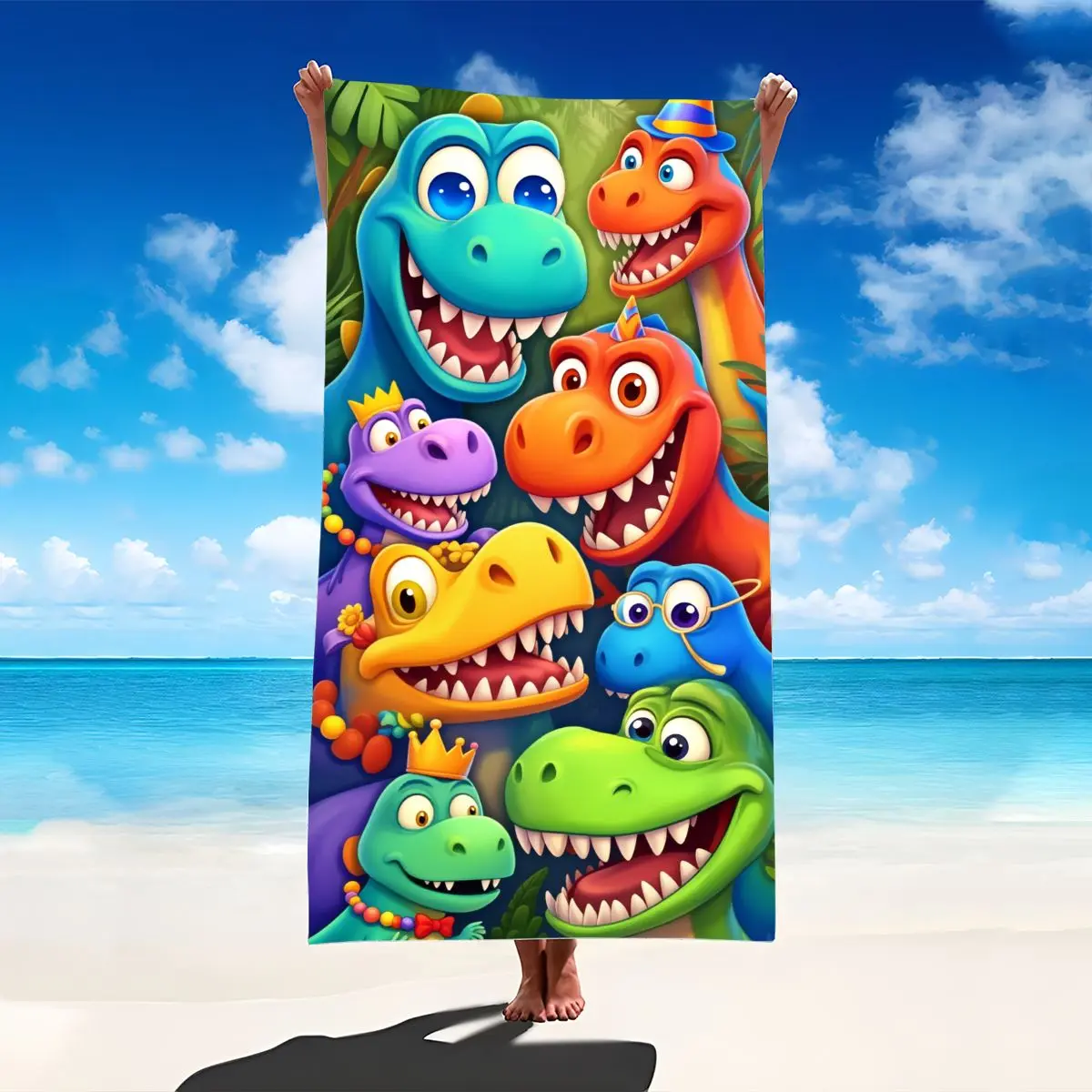 Dinosaur cartoon character beach towel, suitable for children and adults as swimwear accessories for summer pool parties, with a fun and colorful design, large size and quick-drying towel, Quick Drying Towels