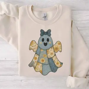 Faux Denim Patchwork Ghost Shirt, Jean Quilt Halloween Baby Tee, Floral Pattern, 3Fall Shirt, Gift For Halloween