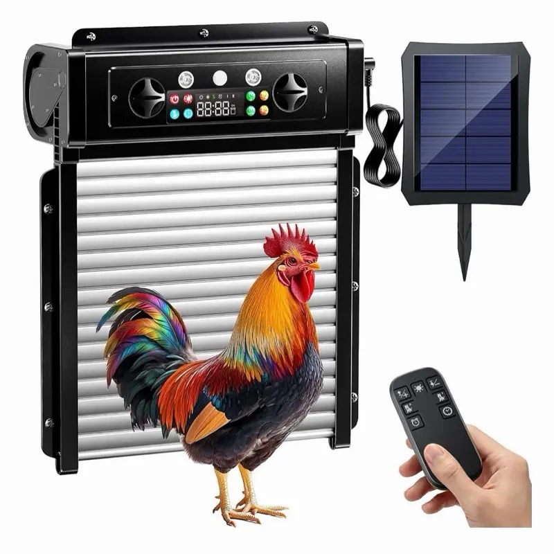 Automatic Chicken Coop Door Solar Powered, Roll-Up Chicken Door with Timer & Light Sensor, Anti-Pinch Safety Auto Chicken Door with Remote Control, Weatherproof Aluminum Coop Door (Black1)