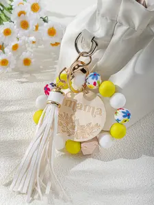 Floral Engraved Mama Beaded Wristlet Keychain - Aesthetic Patterned Bracelet and Tassel Ornament - Versatile Hands-Free Lifestyle Accessory - Commemorative Motherhood Identity Gift - Bling Bling Keychains Stylish Keychain - Trendy Cute Keychain