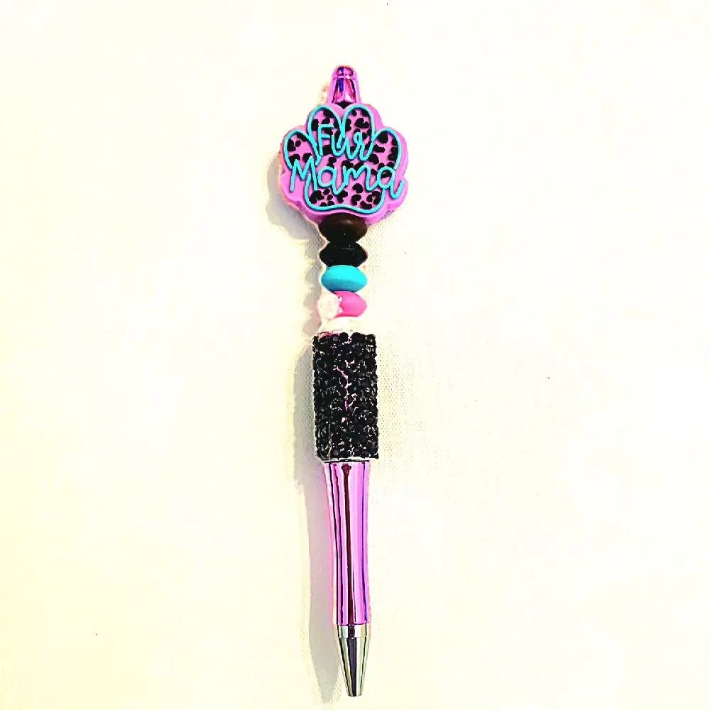 Furr Mama Beaded Focal Pen - Pink, Teal, Black, Twist Open, Black Ink, Free Ink Refill, Makes Great Gift for Birthdays, Graduations & Mother's Day