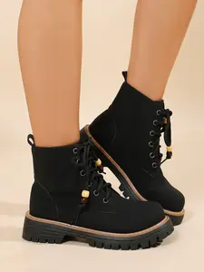 Women's Casual Thick Sole Boots, Lace-Up British Style Short Boots, Comfortable Versatile Work Boots for Daily Use