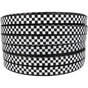 Black Grosgrain Ribbon White Checkered Printed, 3/8 Inch 25Yards