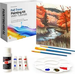 DIY Fall Trees Acrylic Painting Kit with Video Tutorials - 9pc Art Set for Adults and Beginners