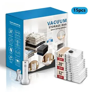 Cordless Travel Vacuum Storage Bags Set with USB Rechargeable Pump – 15 Pack Space Saving Compression Bags for Clothes & Luggage