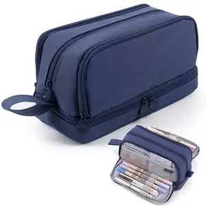Navy blue Oxford cloth (polyester) large-capacity pencil case, durable stationery storage bag, can be used for art supplies, portable student desktop storage bag, suitable for teenagers and adults.