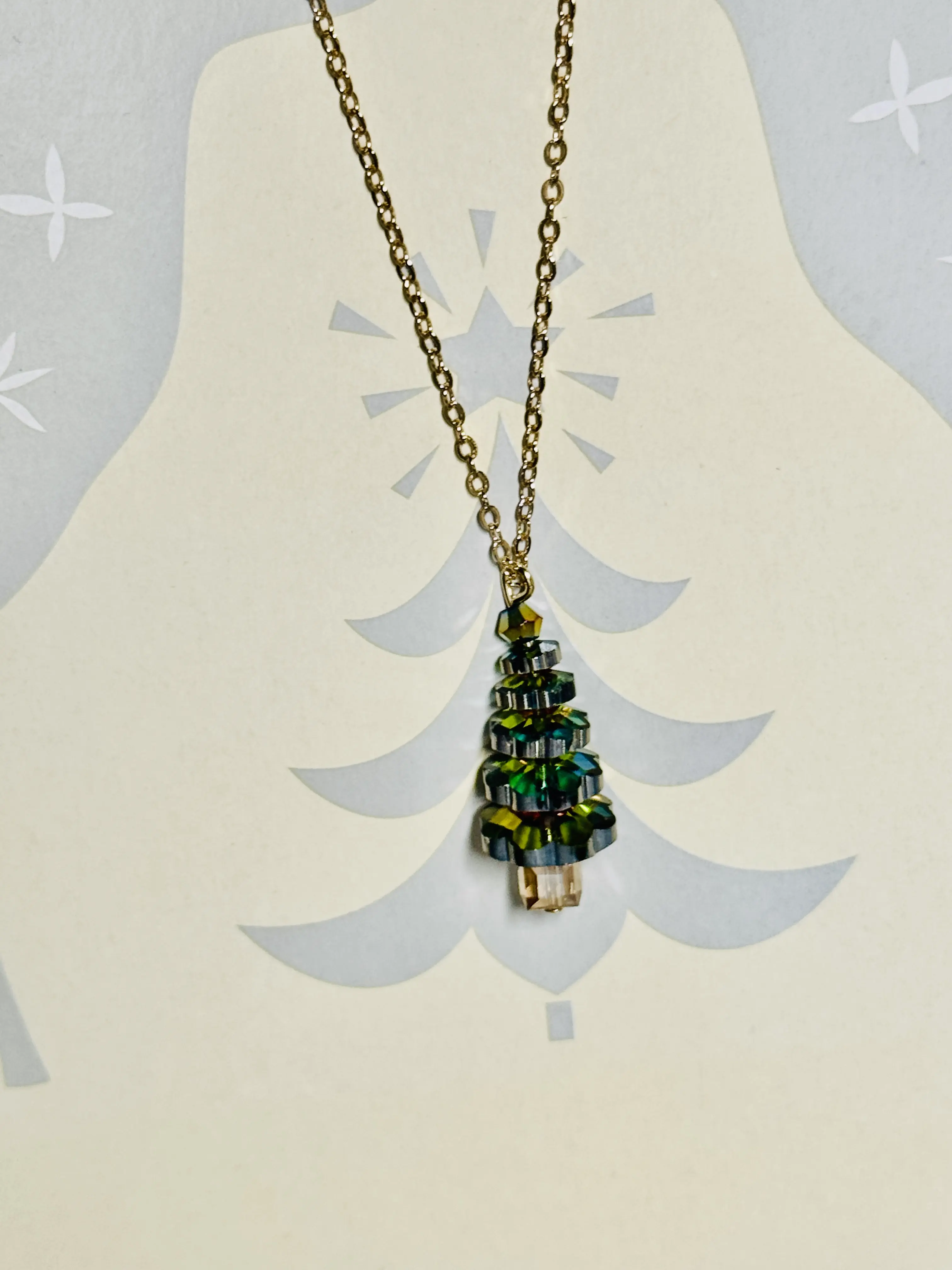 Crystal Design Christmas Tree Necklace, Color-Shifting Rainbow Pendant, Holiday Jewelry, Gold or Silver Chain, Sparkly Xmas Necklace
