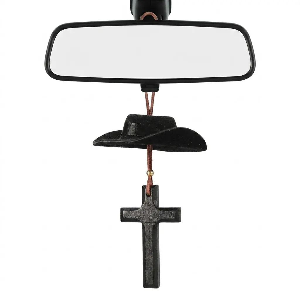 【Summerfinds】Joytutus Cowboy Car Charm, Western Cross Rearview Mirror Hanging Ornament with Black Velvet Cowboy Hat Design, Cute Car Interior Decor Accessory, Back to School Shopping