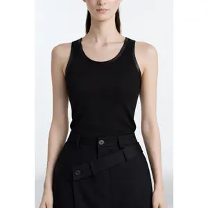 Black Rib-Knit Tank Top with Leather Trim