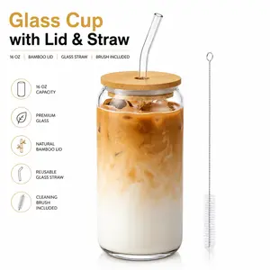 Glass Cup with Bamboo Lid and Straw, 16 oz Borosilicate Glass Tumbler with Cleaning Brush, Reusable Can-Shaped Drinking Cup for Iced Coffee, Tea, Juice, Cocktails and More