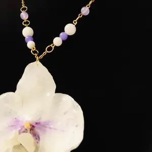 Orchid Dawn Necklace - Handmade Real White Orchid & Lilac Beads on Gold-Tone Chain - Nature-Inspired Women's Jewelry