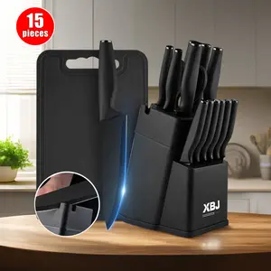 XBJ Premium 15-Piece Stainless Steel KitchenKnife Set with Built-in Sharpener |Includes ChefKnife,Japanese Knife, Meat Cleaver, Bread KnifeSteak Knives &Scissors|Washable,PlasticHandles lPerfect Gift Set