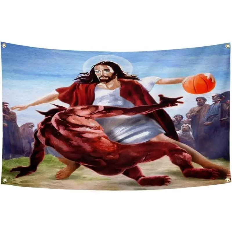 Tapestry  Jesus In Basketball Tapestry  College Dorm Room Man Cave Frat Wall Outdoor Poster, Large Decor Colorful