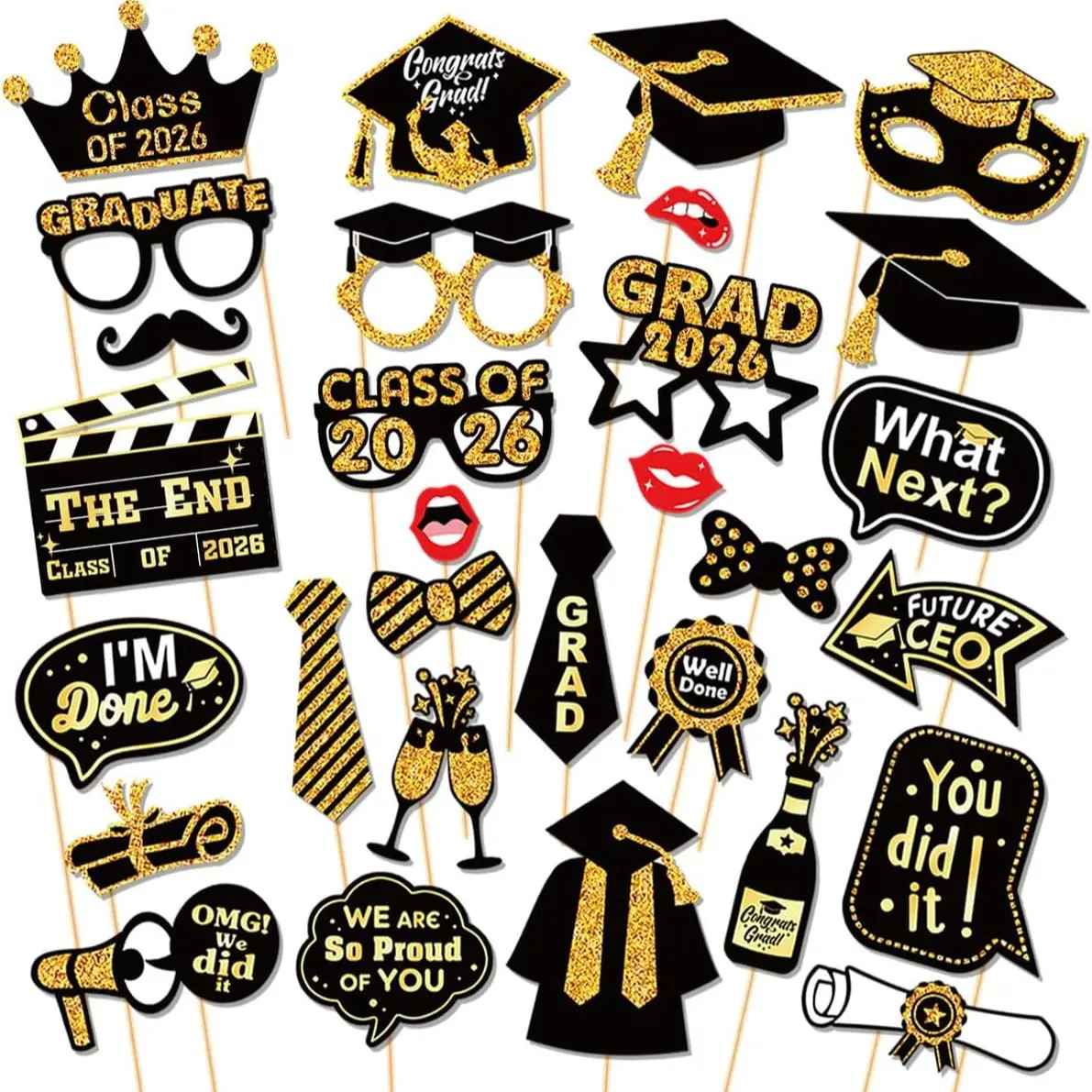 30Pcs/set Graduation Photo Booth Props 2026,Grad Party Supplies for College, Graduation Deco Class Favors Supplies, Party Decorations Set Picture Props，graduation decoration，graduation gift, Masks, Party Accessory, Party Activity Supplies