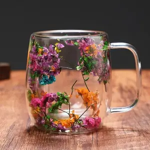 3D Real Dried Flower Double Wall Glass Cup – Aesthetic Unique Mug for Coffee, Tea & Gifts