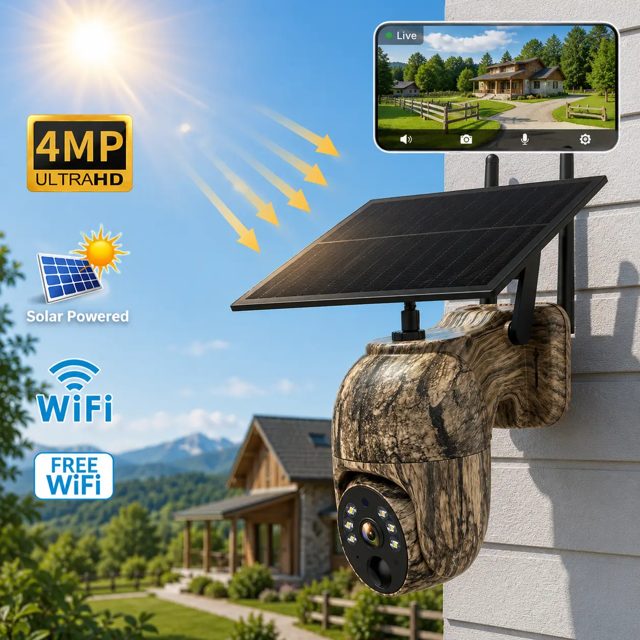 2K Solar WiFi Outdoor Camera, Wireless Trail Camera with Color Night Vision, 0.2s Motion Detection, Remote App Access for Farm, Ranch, Forest & Backyard