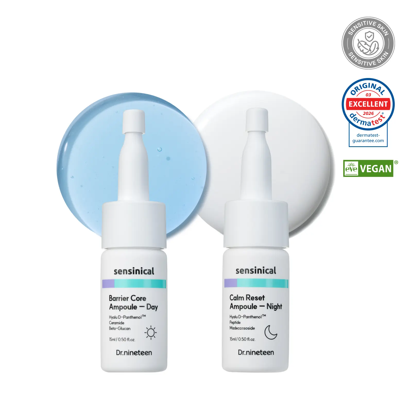 Dr.nineteen Sensinical Ampoule Day & NightㅣHyalu D-Panthenol Ceramide Beat-Glucan Madecassoside PDRN PeptidesㅣSensitive skin Calm Non-sticky Deep hydrationㅣKorean Skin Care (0.50 fl.oz. X 2EA)