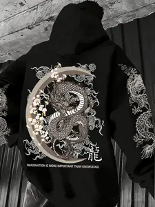 Japanese Dragon Cultural Graphic Fitted Hoodie for Men, Retro Pullover with Cherry Blossom Print, Comfortable Cotton Blend Streetwear, Long Sleeve Casual Top with Cloud Pattern