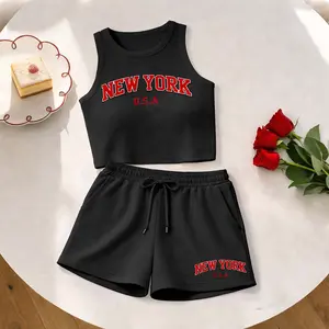 Women's New York USA  Print Sleeveless Tank Top And Drawstring Shorts Set, Casual Summer Sportswear Two Piece Outfit, Ribbed Knit Tank And Shorts Set For Everyday Wear