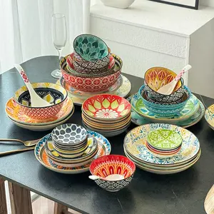 Boho Style Tableware Set, 22/34pcs Ceramic Dinnerware Set Including Bowl & Dish & Spoon & Disc, Dishwasher & Microwave Safe Tableware Set, Utensils