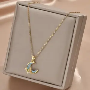 Exquisite Golden Stainless Steel Butterfly Moon Pendant Necklace 18K Gold Plated Hypoallergenic Unisex Boho Style for Holiday Party Wear Anniversary and Everyday Fashion