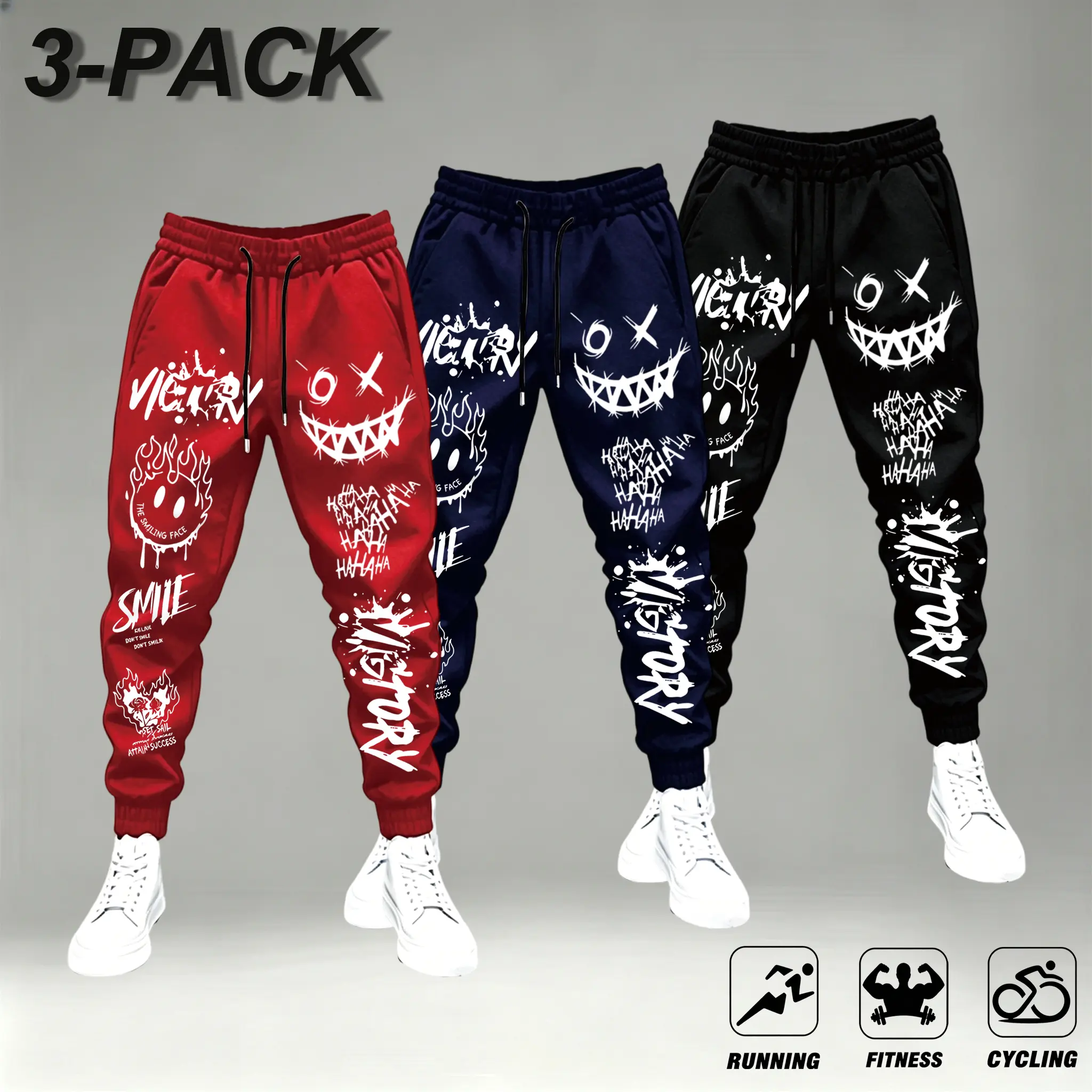 Men's 3 Pack Sporty Streetwear Jogger Pants,Red, Navy, Black - Running, Fitness - Comfortable, Stylish - Dark Evil Smile Graffiti, Spray Paint Drip Graphic, Flame Melting Face Print Tapered Sweatpants,dark evil smile graffiti joggers,