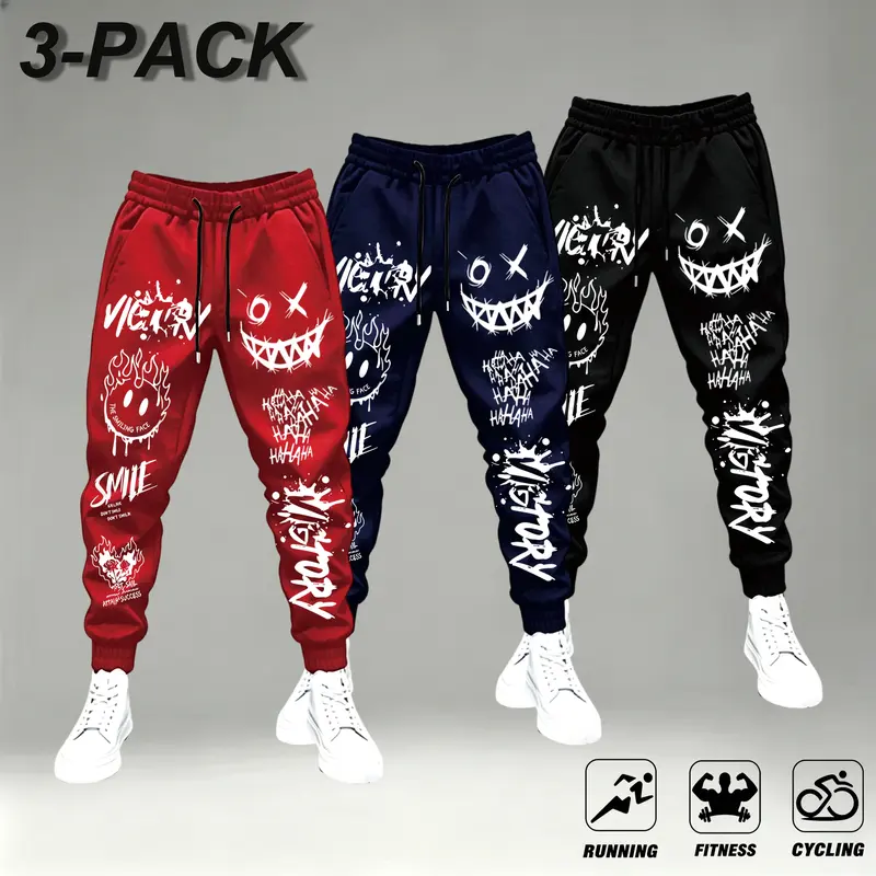 Men's Multi-Size Joggers 3-Pack - Elastic Waist Tapered Track Pants - Mens Clothing for Running, Skating - Dark Evil Smile Graffiti, Spray Paint Drip, Flame Melting Face Prints - Drippy Clothes, Comfortable, Stylish - Red, Navy, Black