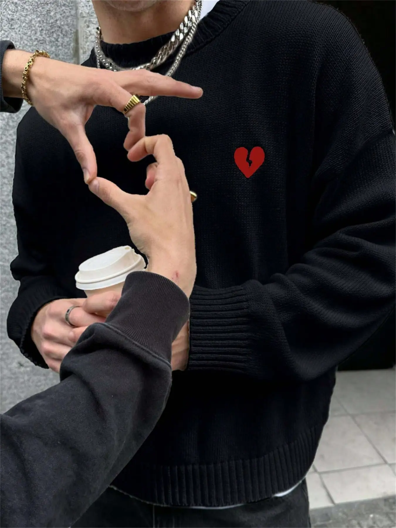 #Springfresh Men's Heart Embroidered Long Sleeve Sweater Casual Daily Y2k Crew Neck Knitted Jumper Sweaters Comfortable Loose Knit Pullovers Tops Fashion Crewneck Embroidery Classic Knitwear Menswear Stylish FallFreshness
