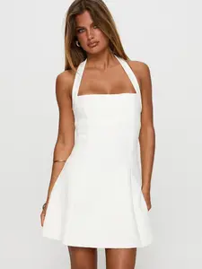 Princess Polly Alyn Halter Mini Dress White - Casual Fit Square Neckline Invisible Zip Fastening Raw Edge Hem Non-Stretch Material Lined Bust