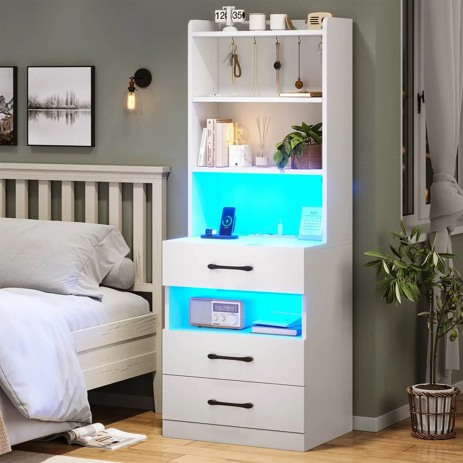 SIKAIC LED Tall Grey Nightstand with Charging Station, Drawers, Bookshelf, Open Storage, LED Lights for Bedroom, Living Room Indoor Furniture Decor