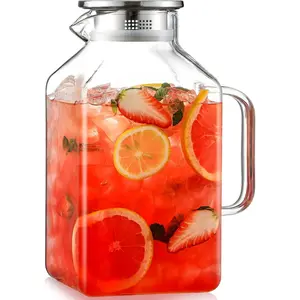 1 Gallon Square Glass Water Pitcher with Lid and Spout, Borosilicate Glass Kettle for Hot/Cold Drinks, Water Pitcher with Handle for Refrigerator, Extra Large Water Pitcher for Iced Tea, Coffee, Juice, Beverages