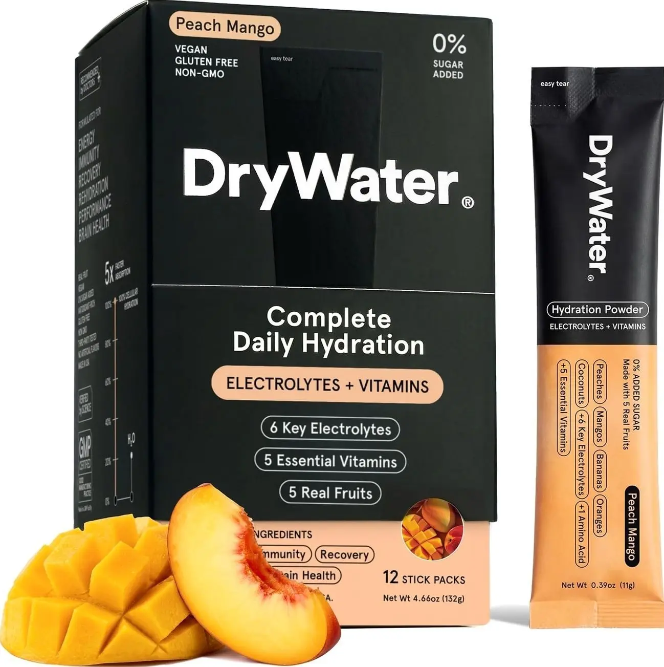 DryWater® Electrolyte + Vitamin Hydration Powder Packets – Peach Mango, 1,000mg Potassium, Real Organic Fruit, NSF Certified for Sport, Nothing Artificial, No Added Sugar (12 Stick Packs)